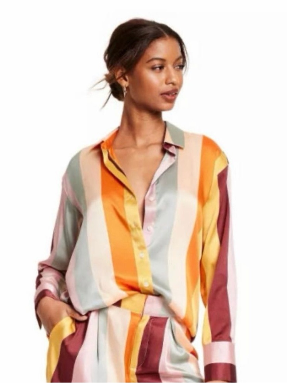 Fe Noel multicolored yellow striped shirt Striped Satin Button-Up Blouse small